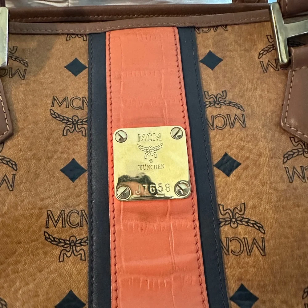 💙 MCM Anya Visetos Cognac and Orange Croc Leather Tote Shoulder Bag - Authentic